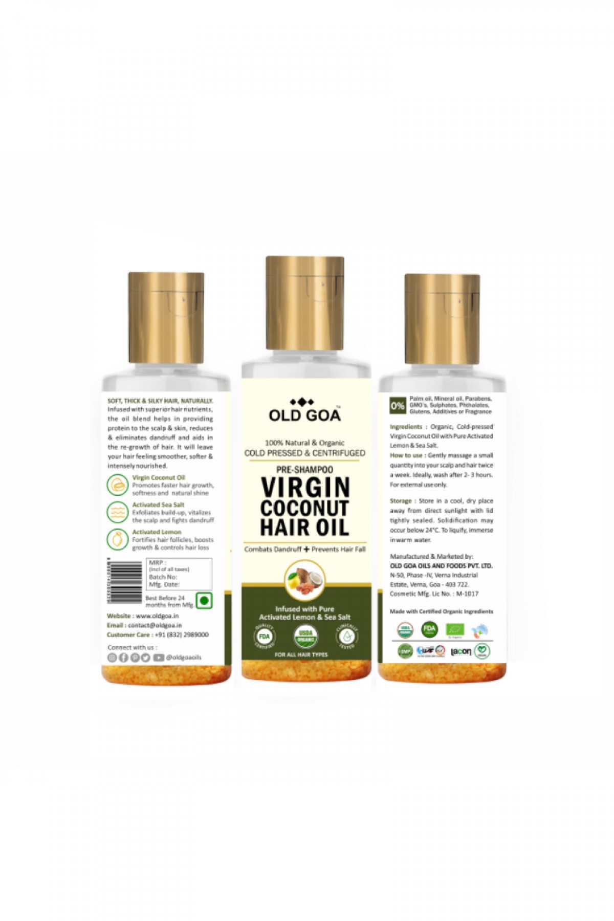 Pre Shampoo Cold pressed Virgin Coconut Oil infused with Pure activated Lemon & Sea Salt Combats Dandruff Prevents Hair Fall - 200 Ml 