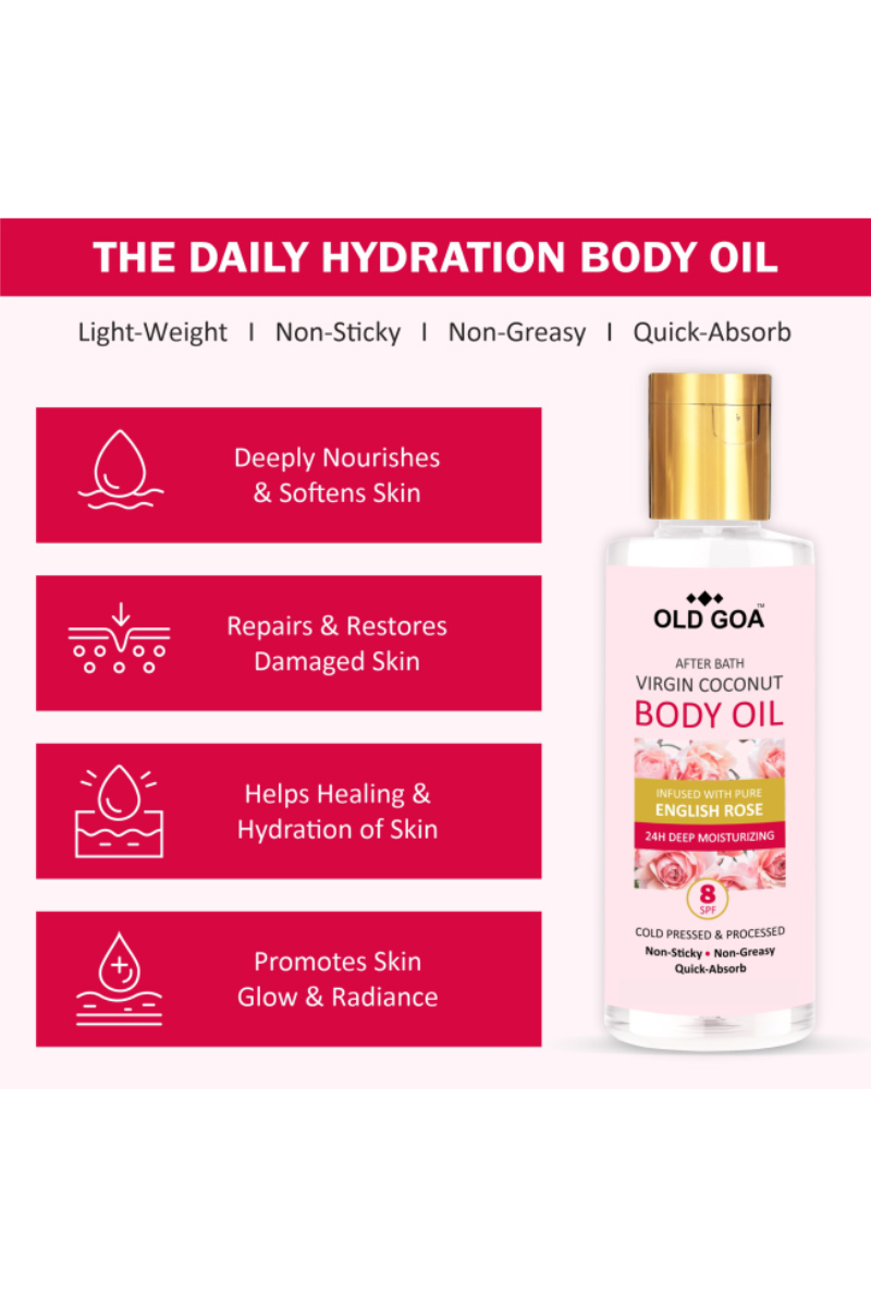 Body Oil | English Rose | After Bath | 100% Natural & Certified Organic | Lightweight & Non Sticky – 200 ml 